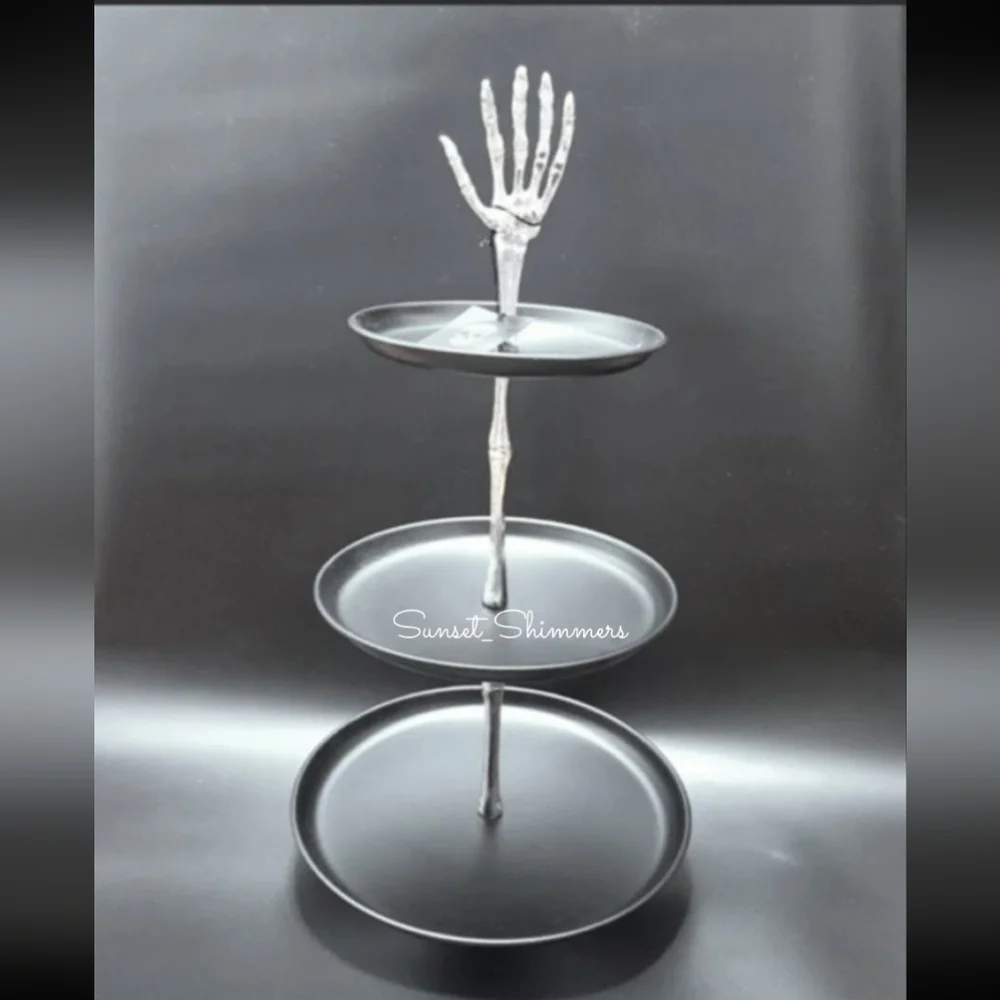 HALLOWEEN Metal Skeleton Hand 3 Tier Footed Serving Stand Appetizer Dessert Tray